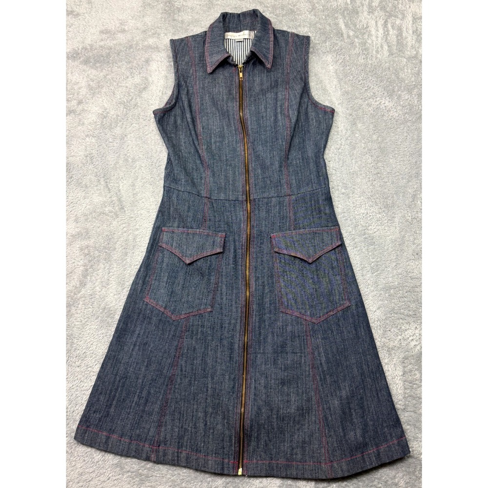 Lesley Evers Dress Womens Size Medium Indigo Denim Full Zip Sleeveless 70s Retro